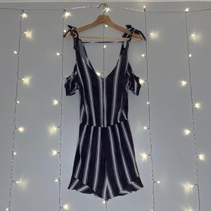 AE Drop-Shoulder Gray & White Striped Romper